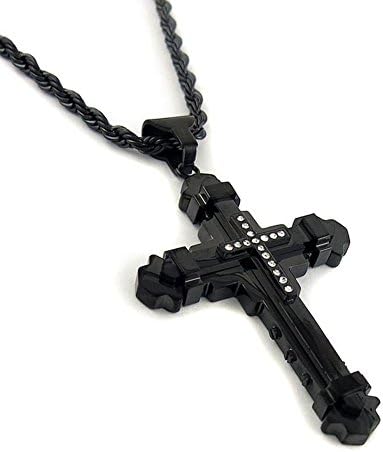 Stainless Steel Black Cz Cross Pendant Chain Necklace for Men, 24 Inches Black Rope Chain