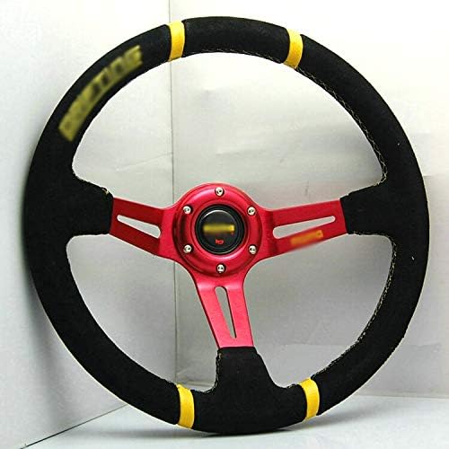 Universal Sport 138/350Mm Suede Leather Deep Dish Steering Wheel Yellow Strip