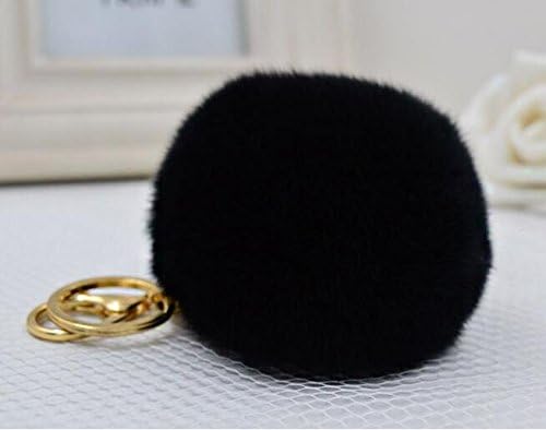 Cy3Lf Gold Plated Fluffy Faux Rabbit Fur Ball Key Ring Chain Keychain for Handbag Wallet Purse Car Key (Black)
