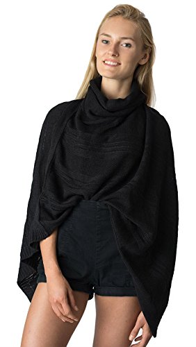 Accessory Necessary LL- Black Cowl Short Open Knit Asymmetric Pullover Sweater Poncho Top Tunic with Loose Turtleneck and Fringe