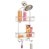 mDesign Vintage Metal Wire Bathroom Tub & Shower Caddy, Hanging Storage Organizer Center with 2 Wash Cloth Hooks and Baskets for Bathroom Shower Stalls, Bathtubs - Rust Resistant Steel - Satin