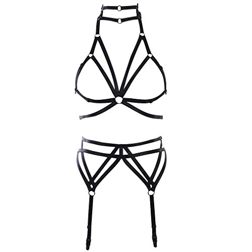 Strappy Harness Full Set Women Punk Gothic Bra Plus Size Body Caged Garter Belt (Black)