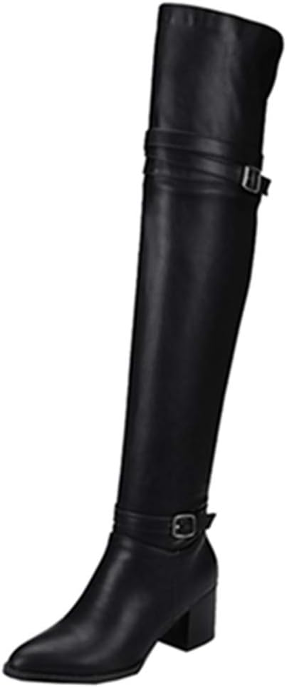OnewusWomen Over-The-Knee Boots with Chunky Heel and Pointed Toe Black/White Boots
