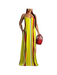 Acelyn - Vestido largo con tirantes de espagueti a rayas, con bolsillos sueltos, para verano, con cinturón