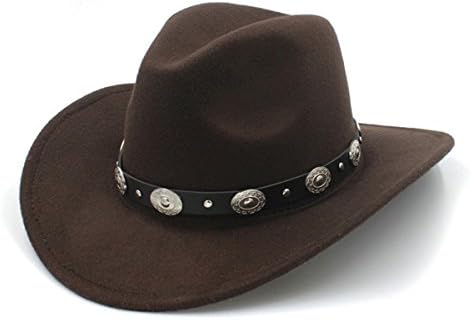 LUCKYLIANJI Unisex Wool Felt Western Cowboy Hat For Womem Men Wide Brim Cowgirl Coin Bead Punk Leather Band (One Size 57cm,Adjust Rope Inside) (Brown)