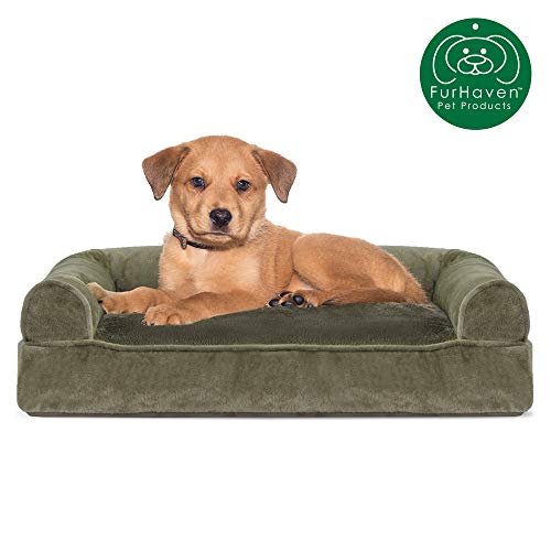 Furhaven Pet Dog Bed | Faux Fur & Velvet Pillow Cushion Traditional Sofa-Style Living Room Couch Pet Bed w/ Removable Cover for Dogs & Cats, Dark Sage, Small