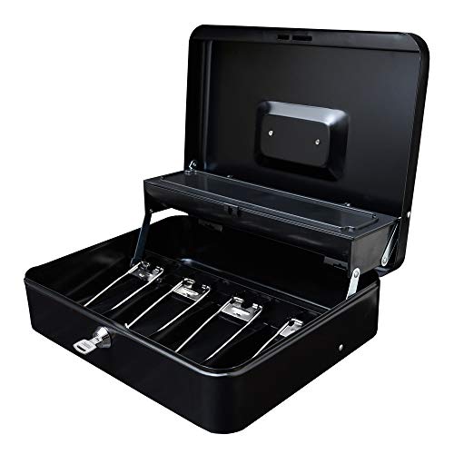 SharpVault Cash Box with Lock, Black – 2018 Money Box Safe, 5 compartments & 4 Spring Loaded, Lock Box with Key - Thumbnail 6
