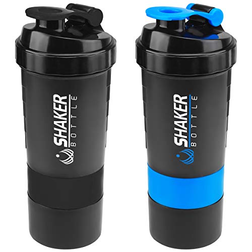 VIGIND 2 Pack 22 OZ Protein Shaker Bottles Fitness Sports Nutrition Supplements Mix Shake Bottl with 16oz Shaker Bottle and 3-Layer Twist Lock Storage, 100% BPA-Free Leak Proof (Black+Blue)