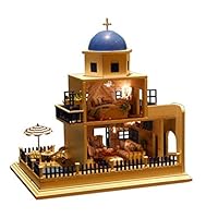 Rylai 3D Puzzles Miniature Dollhouse DIY Kit w/ Light - Romantic Santorini Island Holidays Series Dolls Houses Accessories with Furniture LED Music Box Best Gift