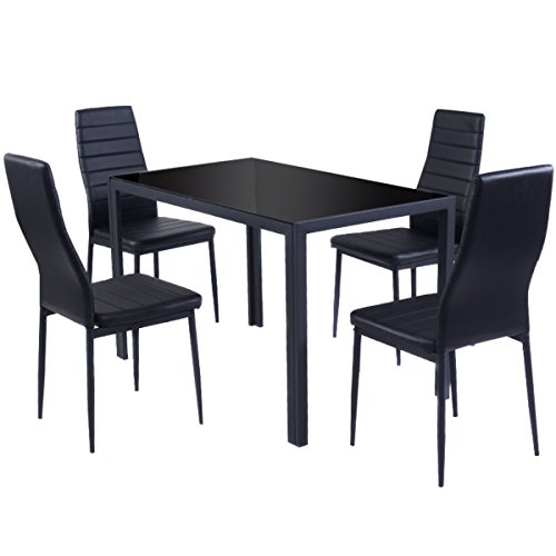 Dining Set Kitchen Table and 4 Chairs Breakfast Furniture Glass Metal Black