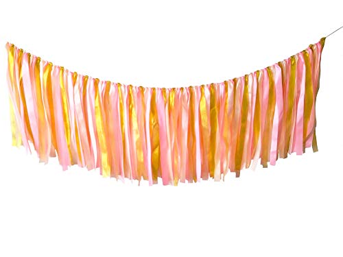 Kingsnow Fabric Garland Backdrop, Pink, White and Glitter Gold Ribbon Bunting Fabric Garland Banner for First Birthday Decoration, Cake Table Rustic Wedding, Party Decor, Nursery Room Wall Decoration