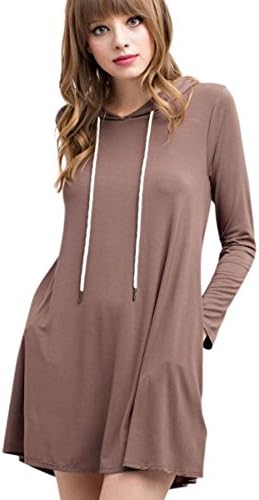 Mittoshop Bamboo Fiber Knit Long Sleeve Drawstring Hoodie T-shirt Shift Swing Dress with Pockets, Made in USA (Large, Coco)