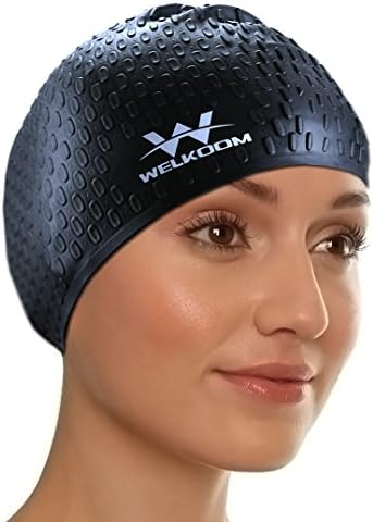 WELKOOM Adult Swim Cap, Silicone Solid 3D Ergonomic Design Cover Ears Swimming Cap, No-Snag, Anti-Slip Interior, Flexible and No Deformation, Great for youth, men and women (Black1)