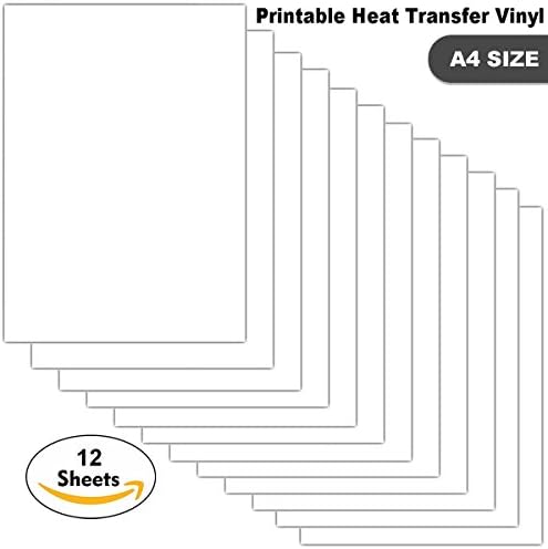Printable Heat Transfer Vinyl for T-shirts, Hats, Bags, A4 Size Iron on HTV Inkjet Printer Compatible with Oil-Based &amp; Eco-Solvent Ink 12 Sheets