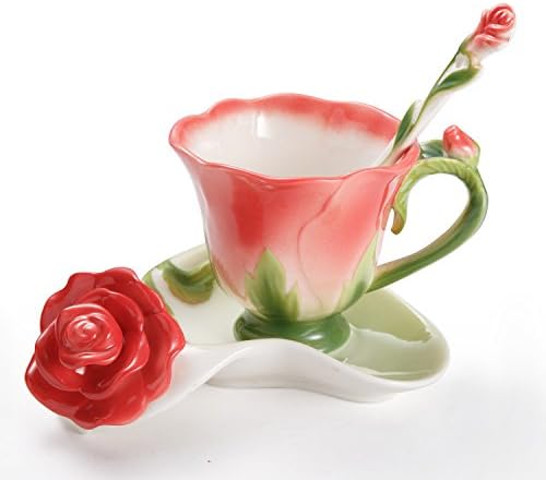 New Fashion Hand Crafted Porcelain Enamel Red Rose Coffee Cup Set with Saucer and Spoon - Gift Packaging