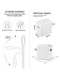 Cargador de iPhone para iPad, Baoota 2,4 A 12 W USB cargador de pared plegable portátil de viaje enchufe y 2 Pack 8 Pin Cable de carga compatible con iPhone, iPad