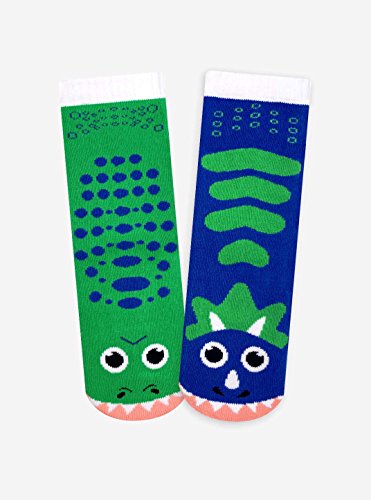 T-Rex & Triceratops Dinosaur Pals Mismatched Silly Dino Socks for Kids Boys Girls with Nonskid No Slip Grippers (Age 4-8)