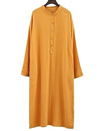 Asher de la mujer casual Loose manga larga Lino y Algodón Maxi vestidos Robe