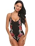 Zeagoo Women Sexy Rose Embroidery Spaghetti Straps Backless Bodysuit Romper