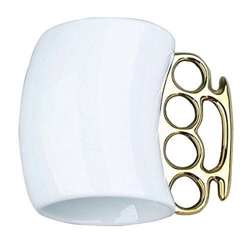 Funny Coffee Mug,Brass Knuckle Duster Creative Ceramic Cool White Mugs with Golden Handle