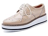 DADAWEN Women's Platform Lace-Up Wingtips Square Toe Oxfords Shoe Apricot US Size 7/Asia Size 37/23.5cm