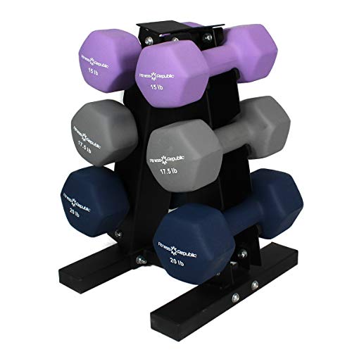 Fitness Republic Solid Steel Dumbbell Rack Holder, A-Frame Dumbbell Storage Racks, Free Weights Stand for Home Gym Exercise, Neoprene Dumbbells Pairs (15lb, 17.5lb & 20lb) with 3 Tier Rack Combo