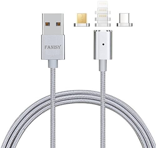 3 in 1 Lightning, USB-C and Micro USB Magnetic Cable, FANISY STRONGER Magnetic AutoFocus HQ Nylon Braided Charge Data Cable for IPHONE, ANDROID Type C Devices Samsung Galaxy S8 -Silver)