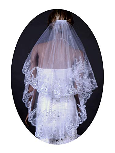 Barogirl Wedding Veil Lace Appliques 2 Tier Bridal Veil Fingertip Length with Comb (White)