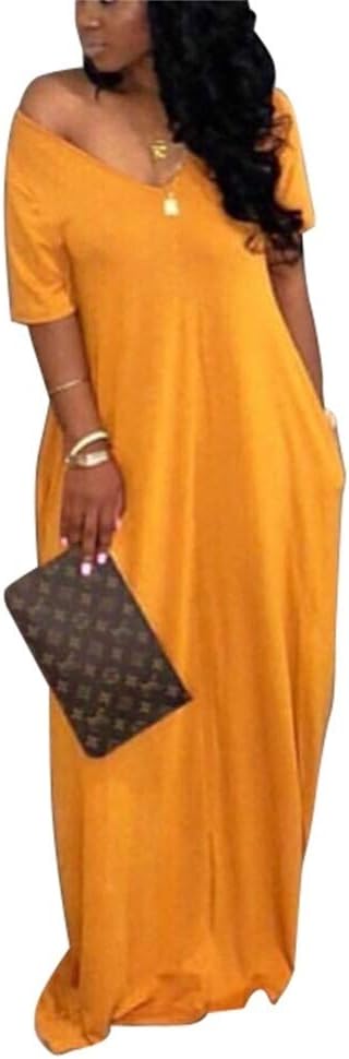 Women Casual Cold Shoulder Color Block Short Sleeve Loose Maxi Long Dress