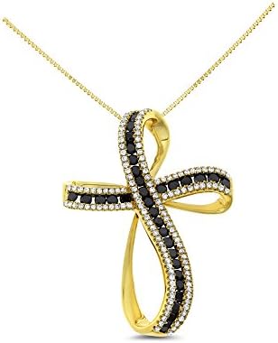 1.42CTW 18K Yellow Gold Genuine Natural Black + White Diamond Cross Pendant With Square Box Chain