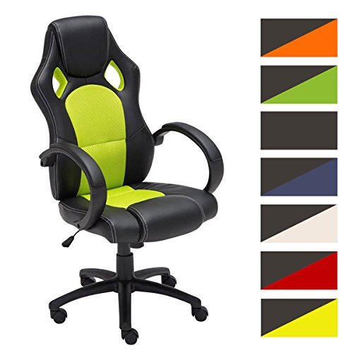 Silla de escritorio con altura regulable 49 - 59 cm. Silla Gaming con diseño deportivo y asiento giratorio 360°. el tapizado de la silla Gaming Fire es de cuero verde