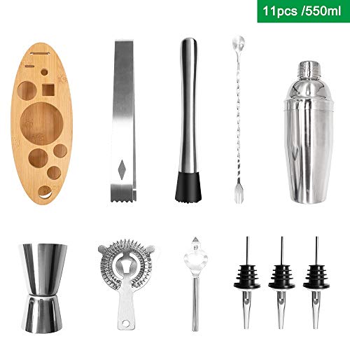 JJZXD 11 stücke Edelstahl Cocktail Shaker Set Mixer Bartender Werkzeuge Kit Fischförmige Bambus Basis Wein Mischung… – Bild 7