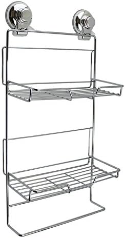 Push to Lock Strong Suction Double Basket Organizer Shower Caddy Rack for Bath Bathroom Kitchen – Stainless Steel Chrome