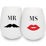 SerialDrinkers Mr & Ms Fun German Food Grade Silicone Wine Glass Dual Pack, 2 Pieces Of Romantic, Unbreakable, Versatile, Lightweight 12 Oz Cups, Non-toxic And Flexible White Color Glasses