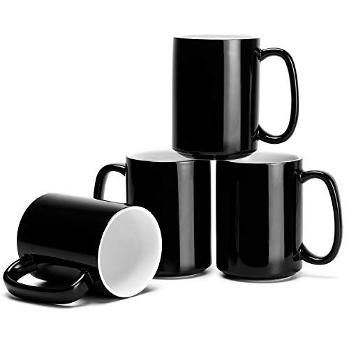 Teocera Porcelain Mugs, Coffee Mugs Set - 15 Ounces for Coffee, Cocoa, Tea - Large Handle - Set of 4, Black