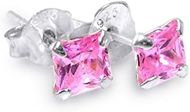 4MM Pink Square CZ Stone 925 Sterling Silver Stud Earring