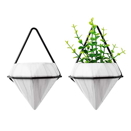 T4U Diamond Wall Planter Geometric Wall Vases Marble White, Set of 2 Trigg Ceramic Mounted Succulent Air Plant Flower Pots Cactus Faux Plants Containers White Modern Indoor Decor for Home and Office