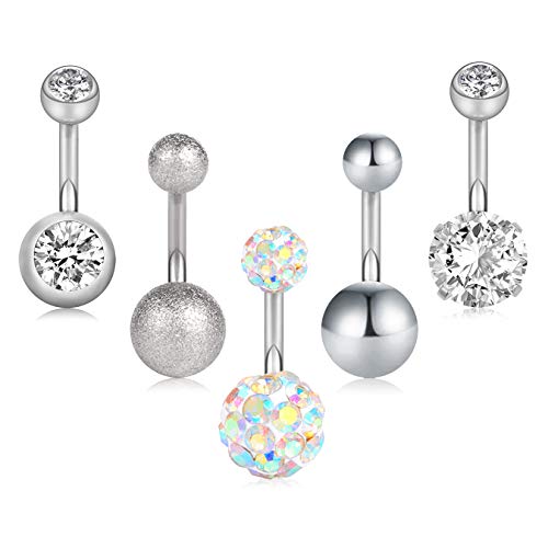 MODRSA Navel Belly Button Rings Surgical Stainless Steel 14G CZ Small Ombligo Piercing Barbell Body Jewelry for Women Girls 3/8" 10mm Rose Gold Silver Pack - Thumbnail 2