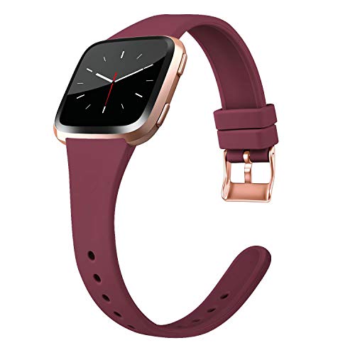 Tobfit Silicone Slim Band Compatible for Fitbit Versa 2/Versa/Lite/SE, Narrow & Thin Sport Wristband with Metal Buckle for Women/Men, Wine red, Small