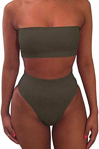 Honey Boutique Women Sexy Plain Bandeau Top High Waist Bottom Bikini Set (M, Amy Green)