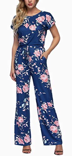 RichCoco Women's Floral Printed Jumpsuit Casual O Neck Loose Long Wide Legs Pants Jumpsuit Rompers with Pockets (Blue, M)