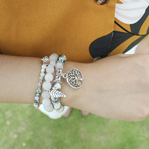FANCY SHINY Gemstone Bead Bracelets Tree of Life Charms Yoga Healing Stone Bracelet Set for Women(Auatic Agate)