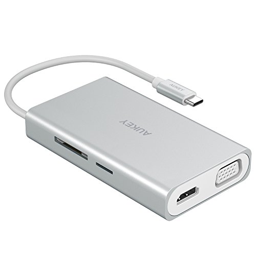 AUKEY USB C Hub with Ethernet, Card Reader, 4K HDMI, VGA, 2 USB 3.0, Type C Power Delivery Charging for MacBook Pro 2017 iMac, Google Chromebook Pixel