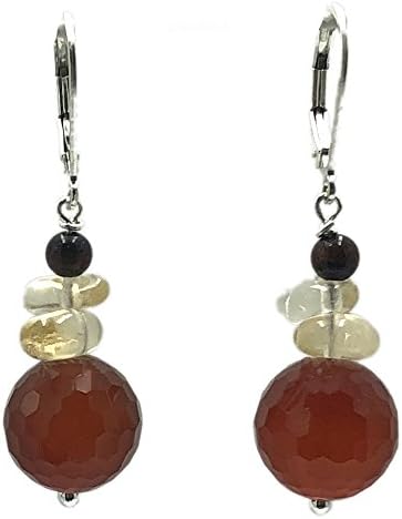 Faceted Round Carnelian Citrine and Tiger Eye Sterling Silver Lever Back Earrings