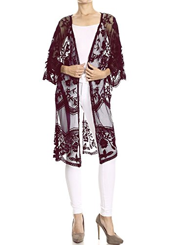 Anna-Kaci Womens Long Embroidered Lace Kimono Cardigan With Half Sleeves, Burgundy, Onesize