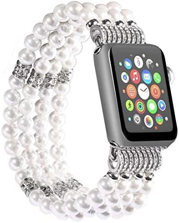 Compatible for Apple Watch Band 42mm / 44mm, Handmade Beaded Faux Pearl Jewelry Elastic Replacement Strap for Apple Watch Series 4,3,2,1 by Transhare (White)