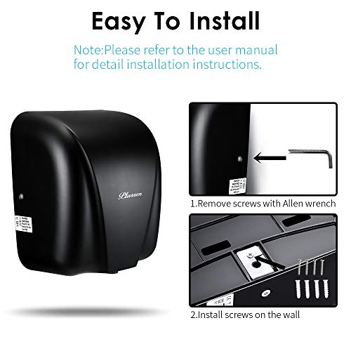 PLUSSEN Automatic Commercial Hand Dryers for Bathrooms Commercial 1800W Heavy Duty Stainless Steel Hot Air Compact Electric Hand Dryer Blower, Fast Drying in 10 Seconds (Black)