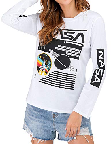 OUNAR Women NASA Graphic Long Sleeve Tee Top Casual Cool Basic Crew Neck T-Shirts Soft Cotton Blend Size L (White)