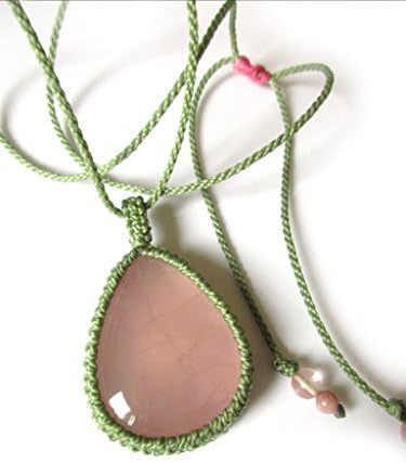 Natural Pink Cristal Quartz Macrame Green Olive Threads pendant handmade with natural/genuine stone mineral drop shape 40mmX30mm Réf.Pen2