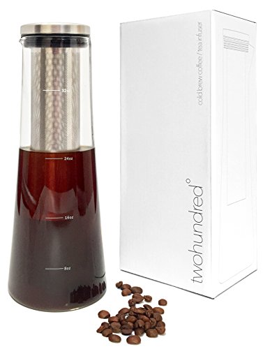Cold Brew Coffee Maker Pitcher - Near Airtight Seal - Iced Coffee Maker by twohundredÂº. 32oz/1 Liter Glass Carafe with Permanent Reusable Filter. Cold-Brew Coffee Maker with Bonus Recipe eBook